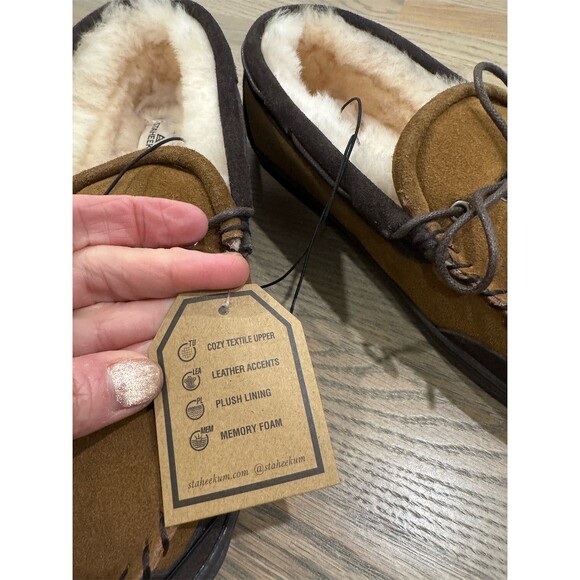 Staheekum Recline Men's Moccasin Slippers Beige Shearling Lined Size 10 - Picture 3 of 5